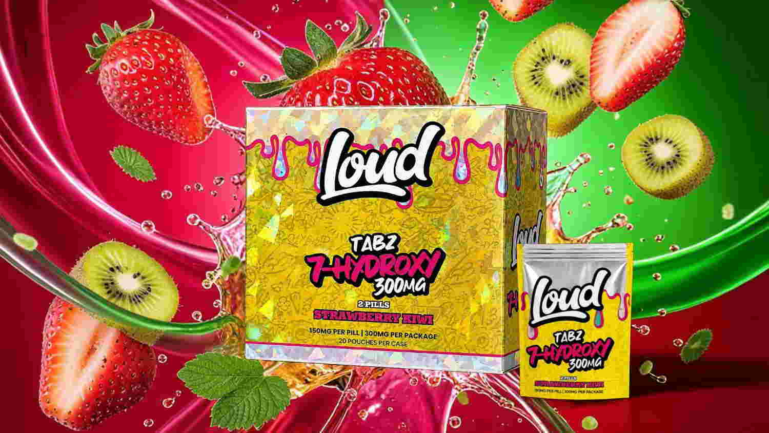 Colorful packaging of Loud's fruity candy surrounded by strawberries and kiwis.