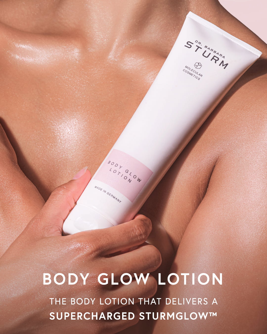 Body glow lotion in hand, promoting supercharged glow effect.