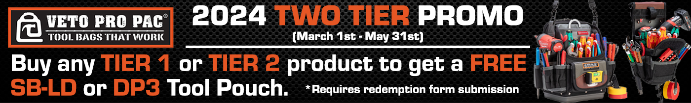 The Veto Pro Pac Spring Two Tier promotion is back. Get a free tool bag with purchase of qualifying veto products.