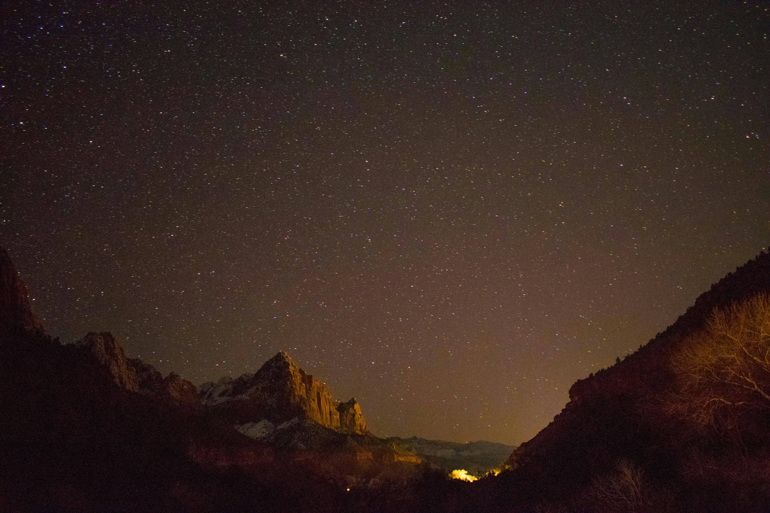 Zion National Park canyons and stars at night.