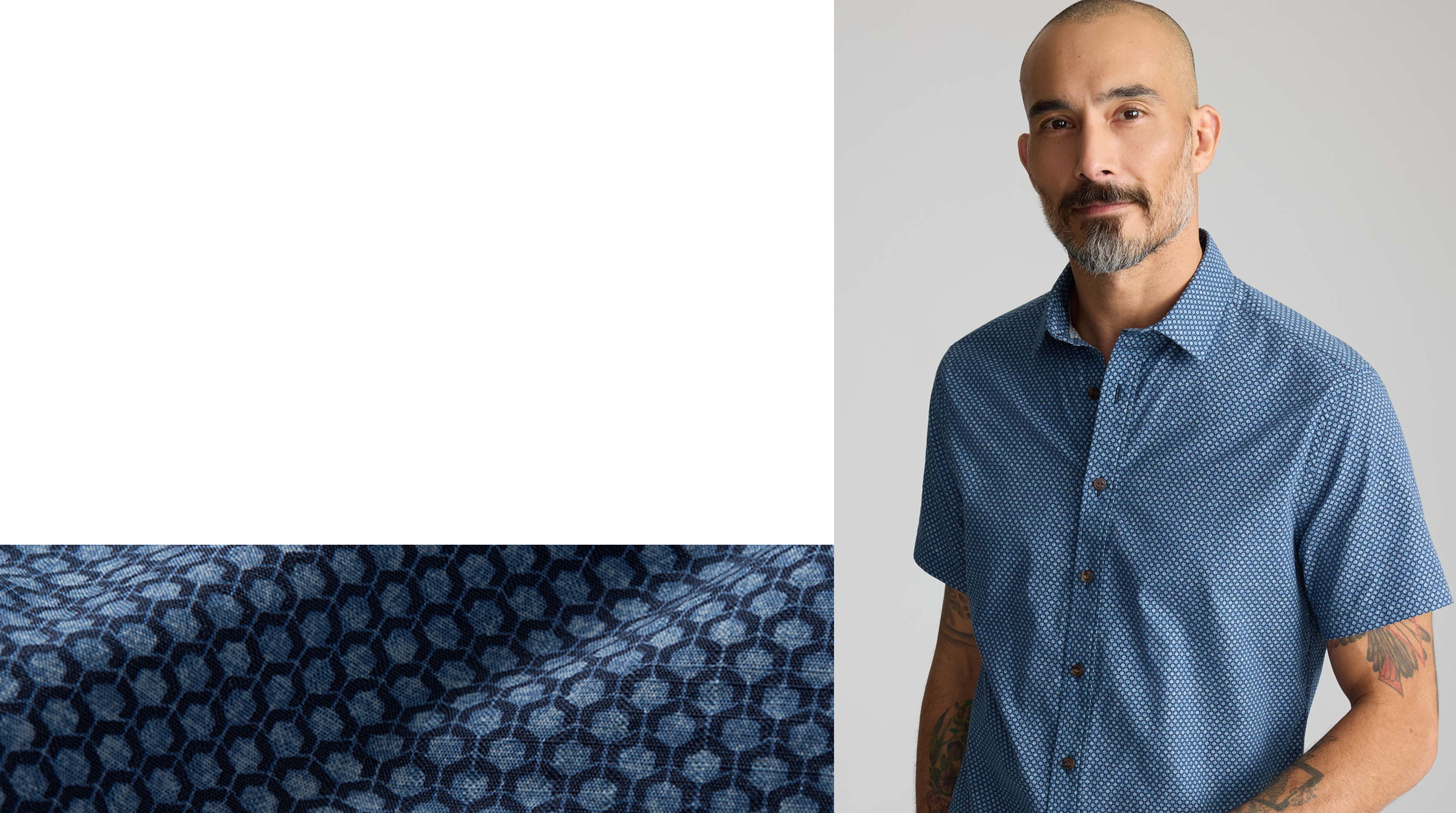 Man in a blue shirt beside a patterned fabric swatch.
