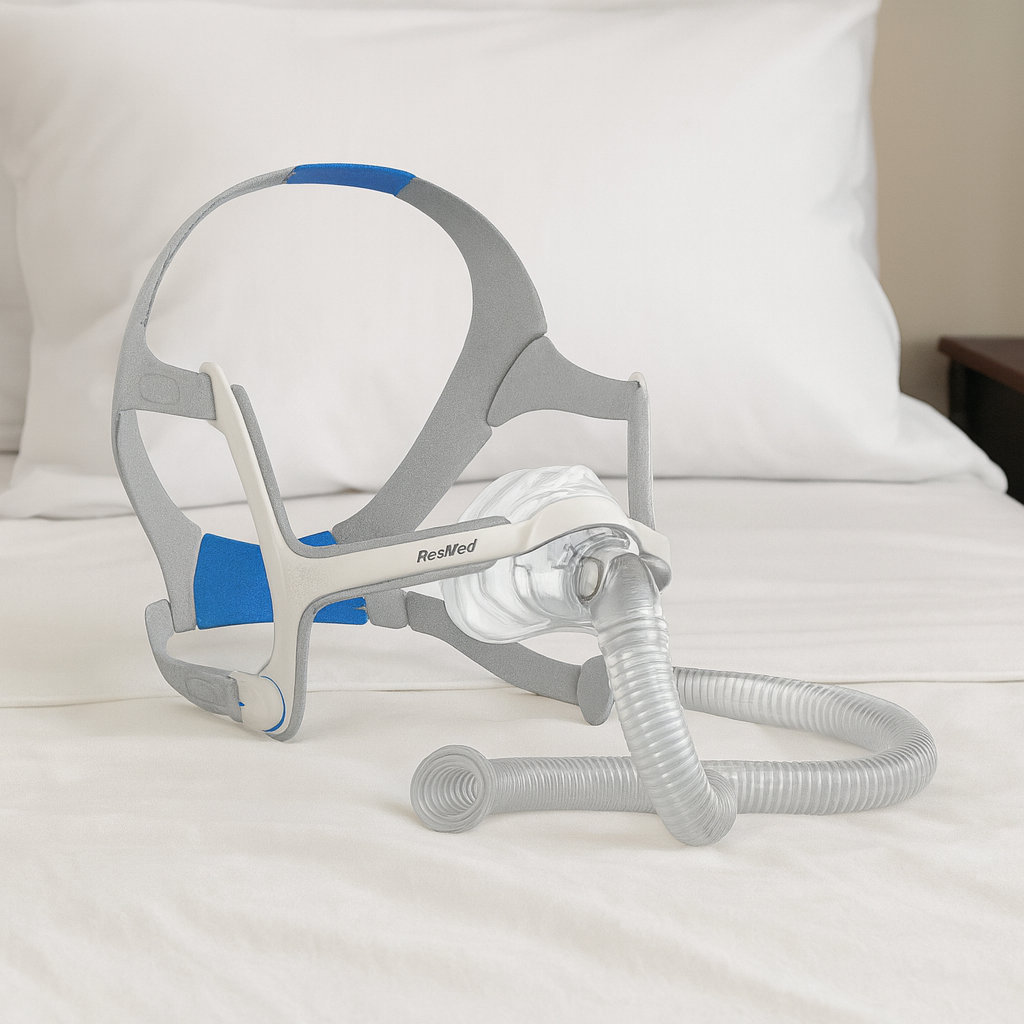 CPAP mask and headgear resting on a bed.