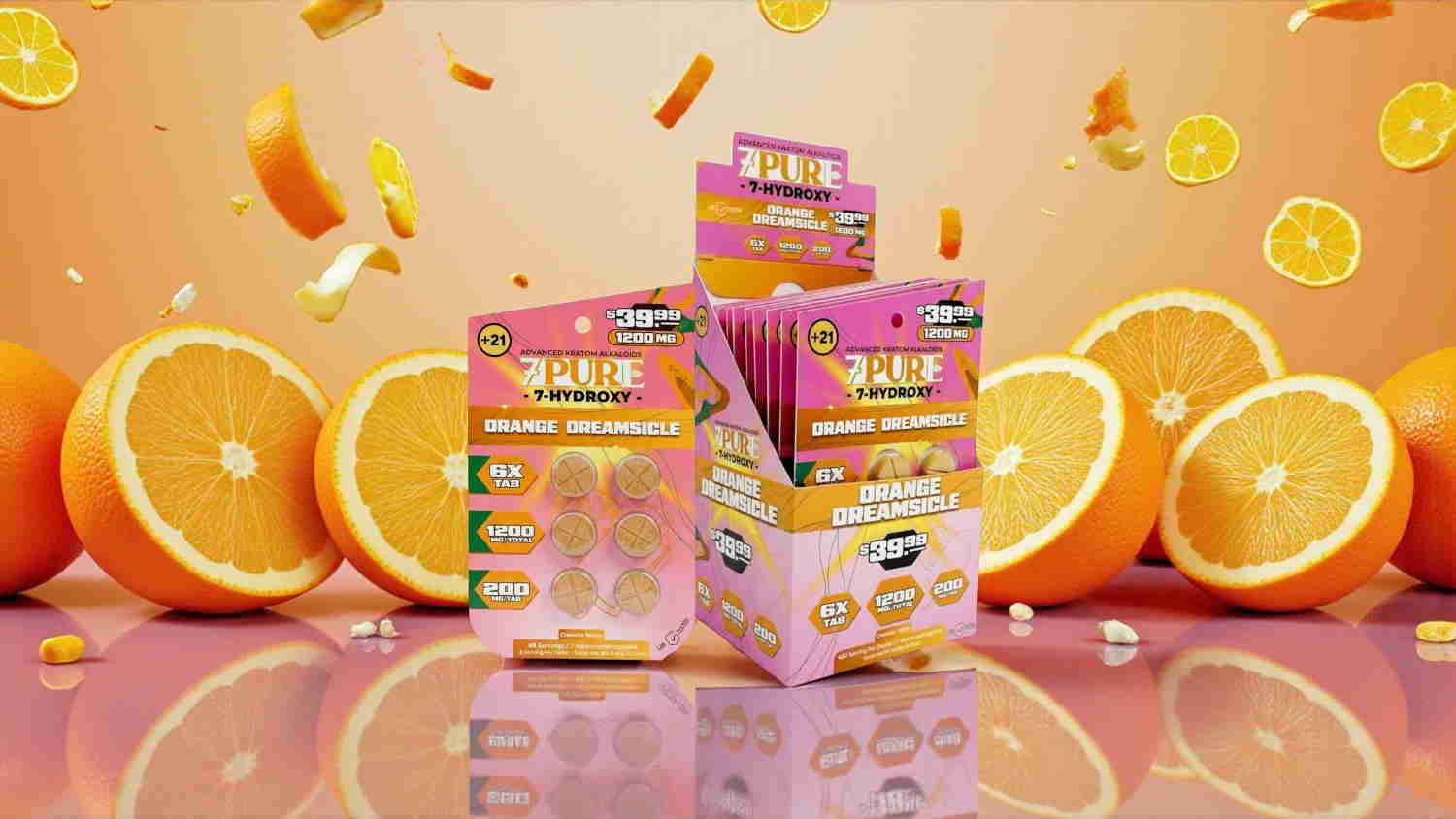 Three colorful product boxes with oranges in the background.