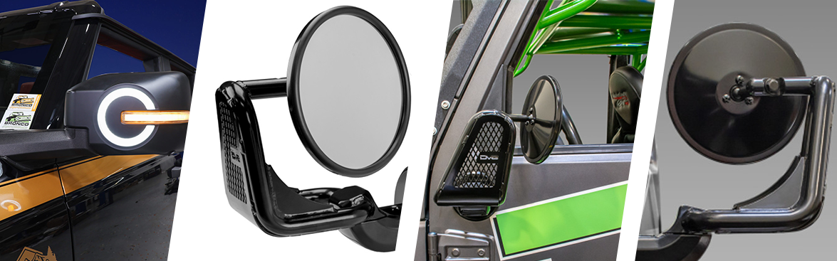 Photo collage of off-road vehicles with aftermarket side mirrors installed, along with two individual side mirrors.
