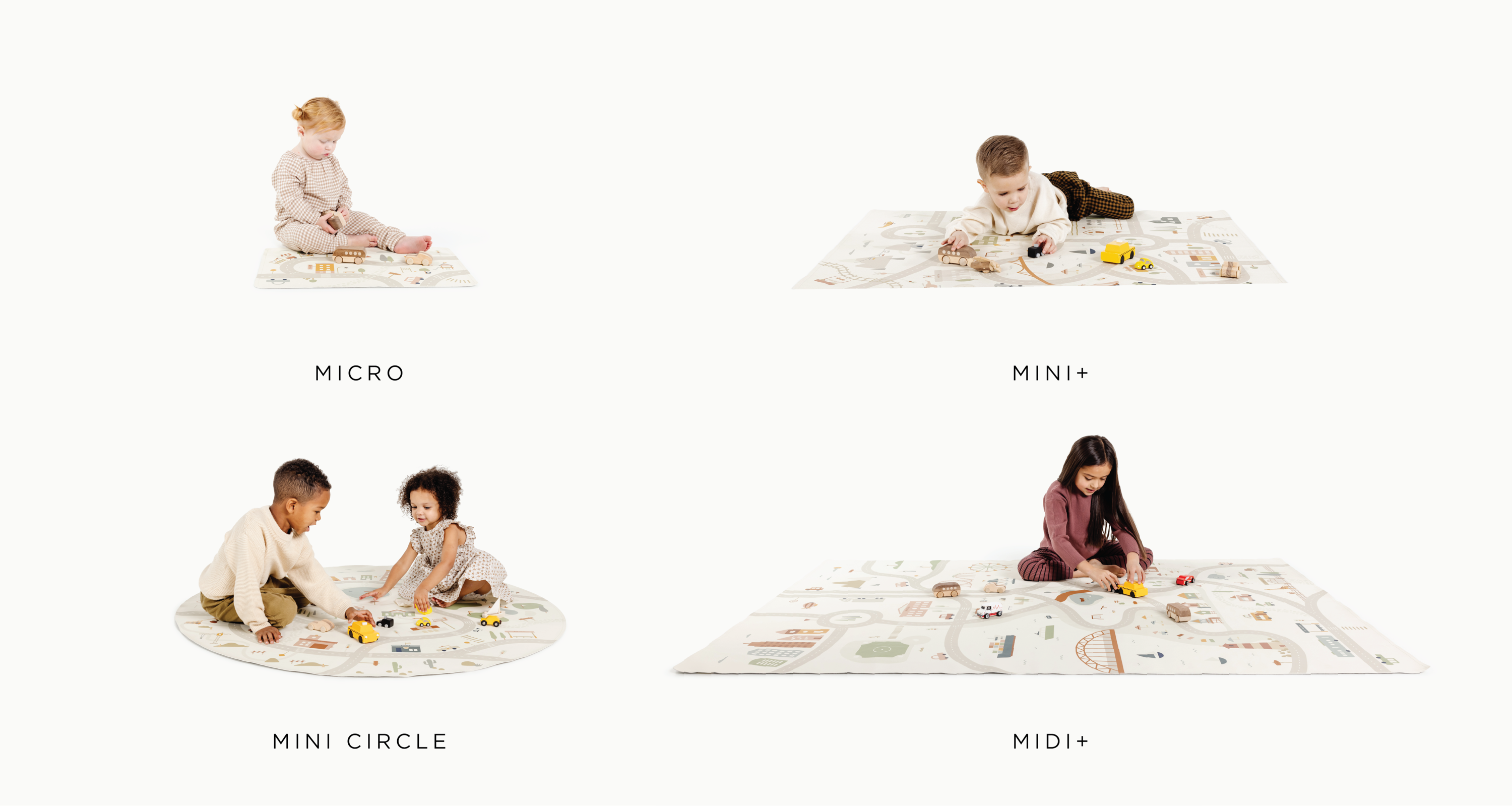 Kids playing on Micro, Mini +, Mini Circle, and Midi + Gathre Playmats