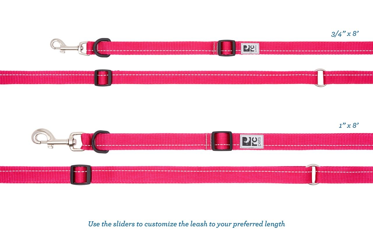 Adjustable pink dog leash with multiple lengths shown.