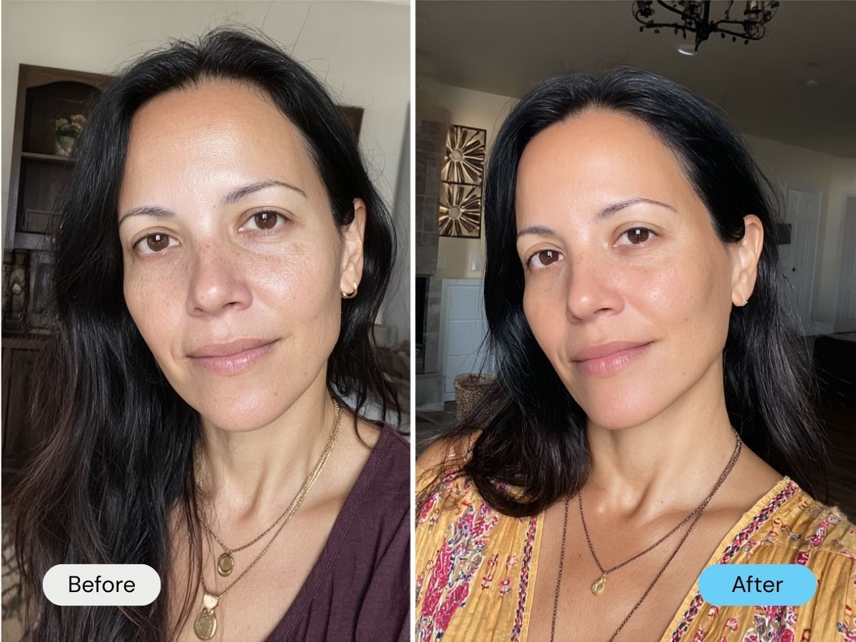Woman's face comparison: before and after, showcasing skin improvement.