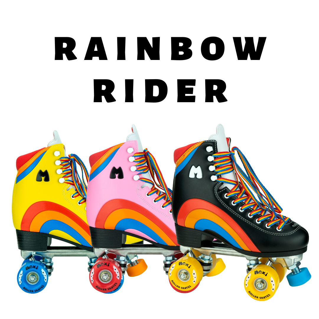 Photo of the rainbow rider roller skate in all colors: yellow, pink and black with a red orange and blue rainbow.