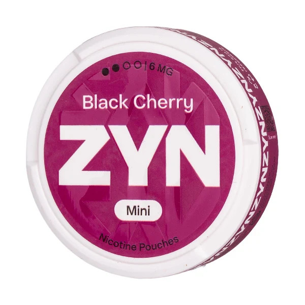 Container of ZYN mini nicotine pouch, flavor Black Cherry.