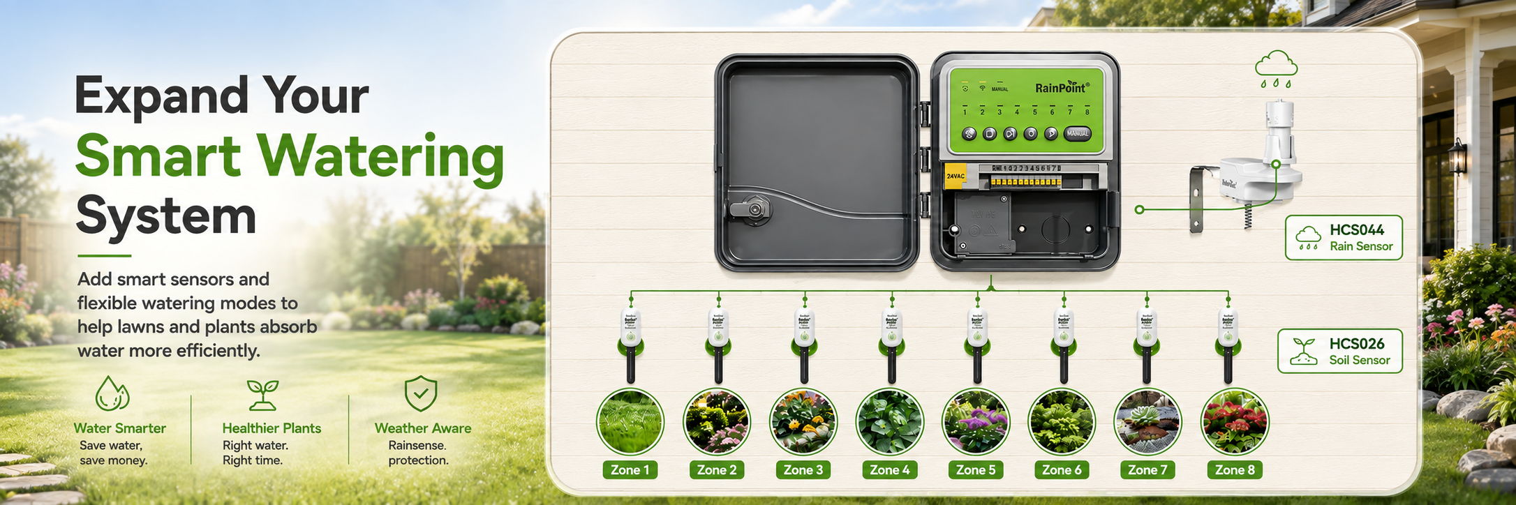 Smart watering system display with various components for garden irrigation expansion.