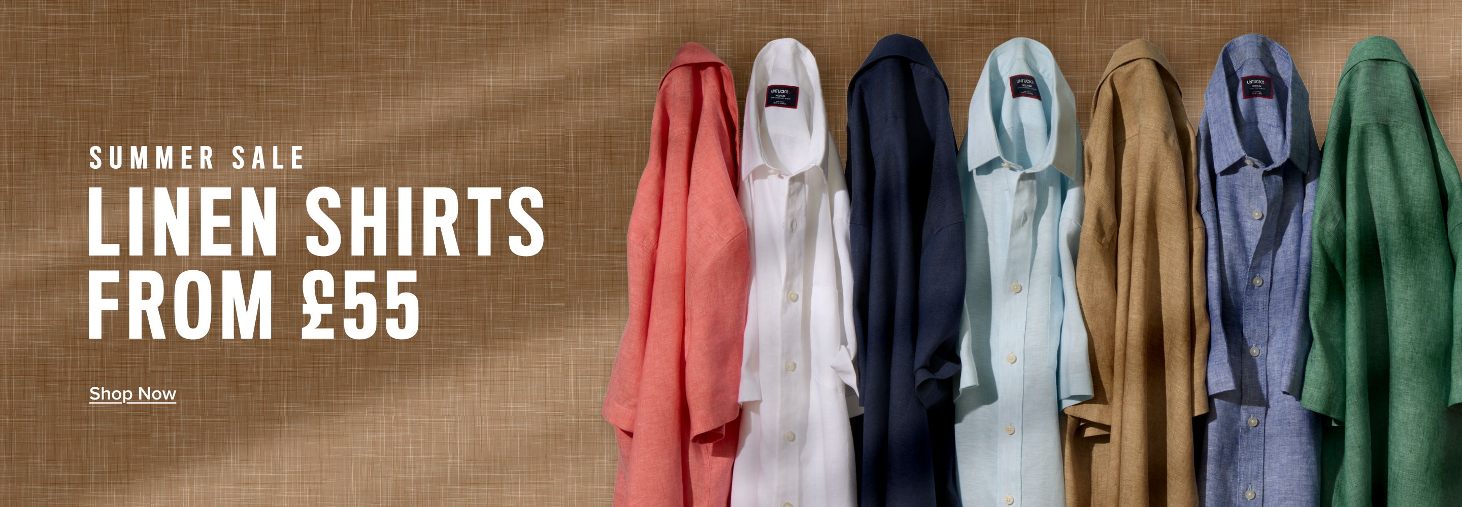 Linen shirts in various colors, priced from £55. Summer collection promotion.