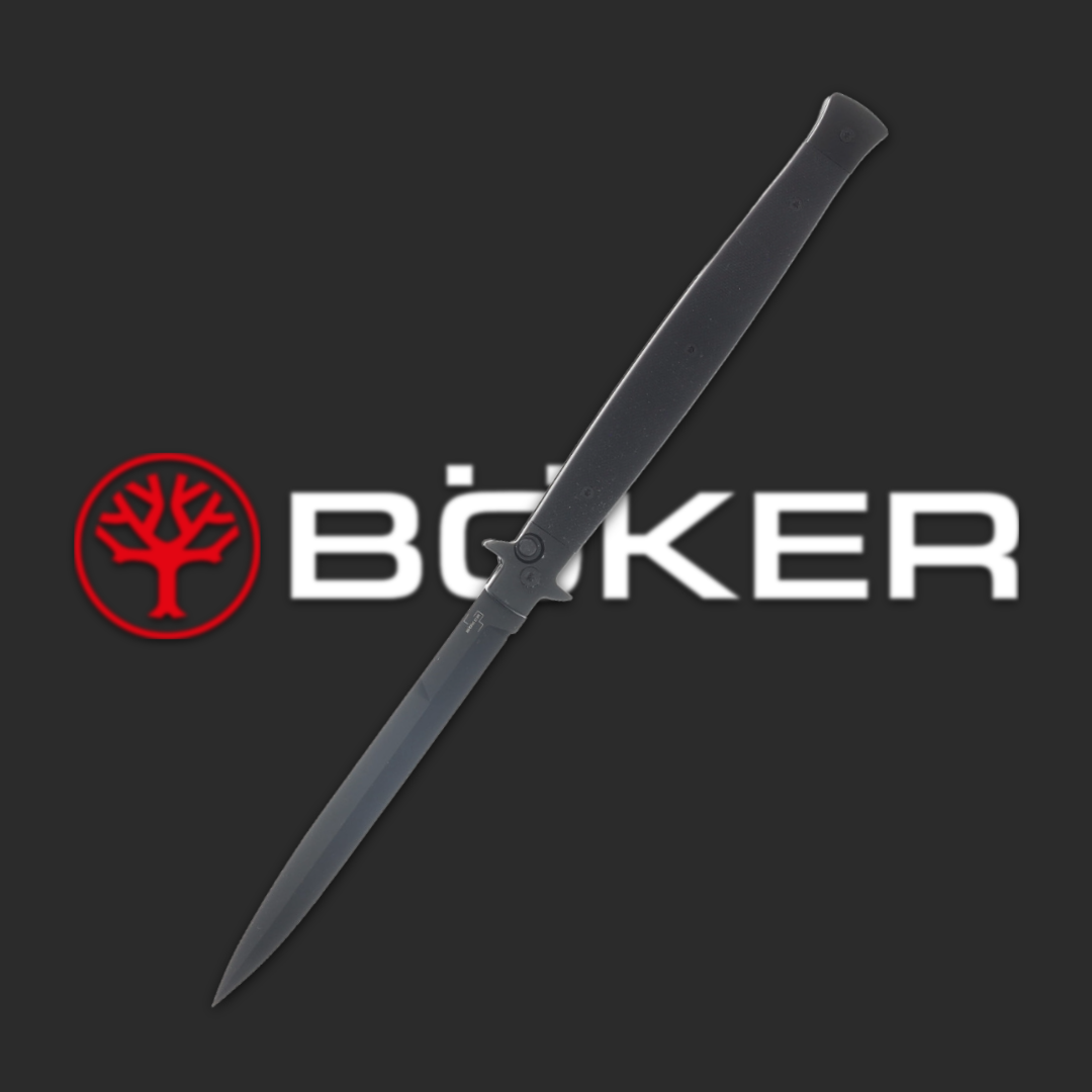 A black knife with the BÖKER logo in the background.