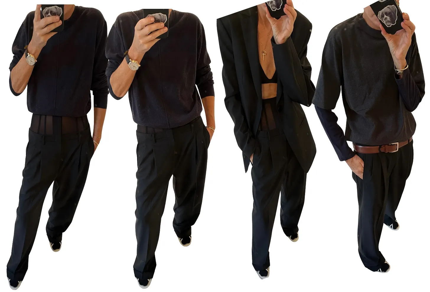 Four outfits featuring a person holding a phone, styled in black clothing.