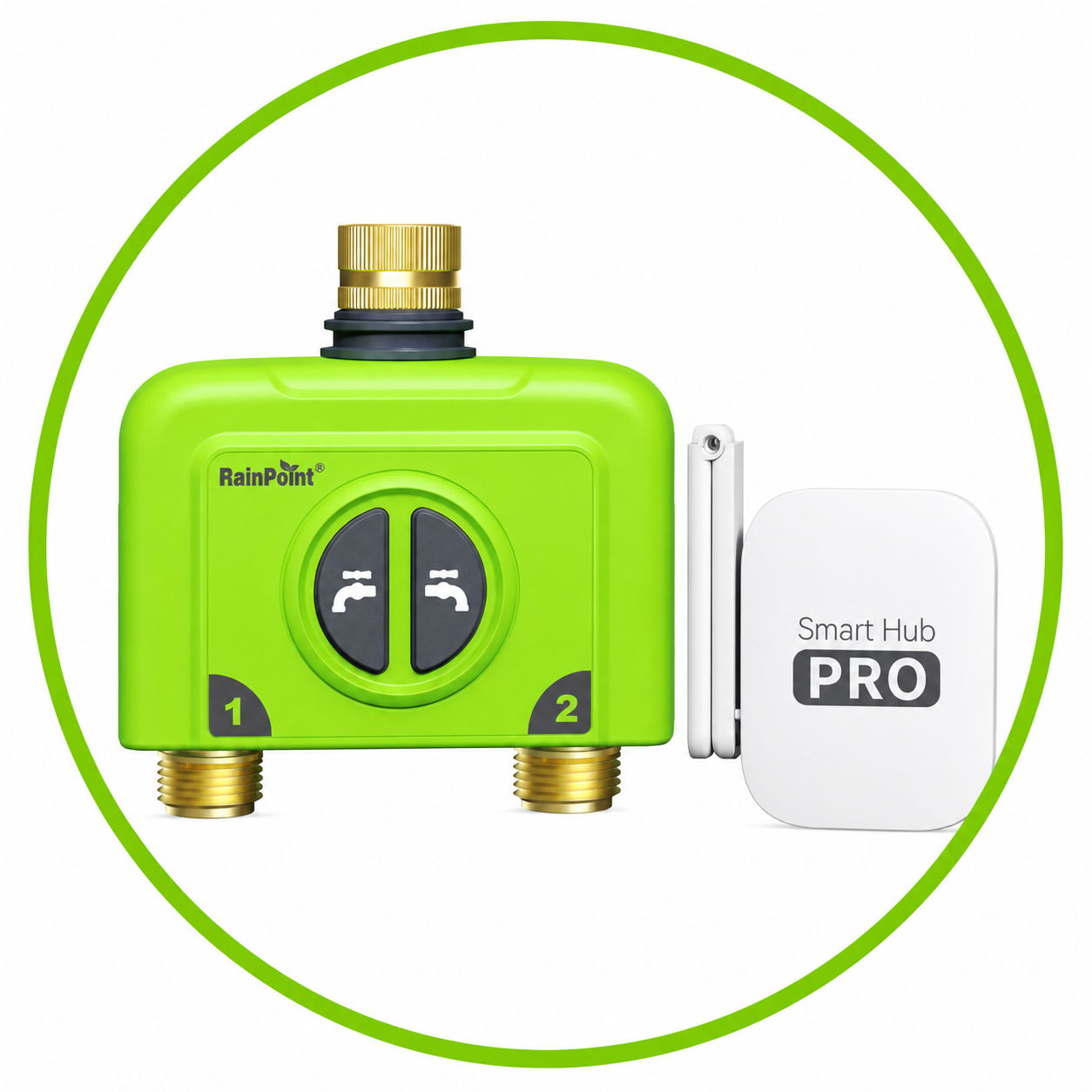 Green smart irrigation controller with two outlets and a white hub.
