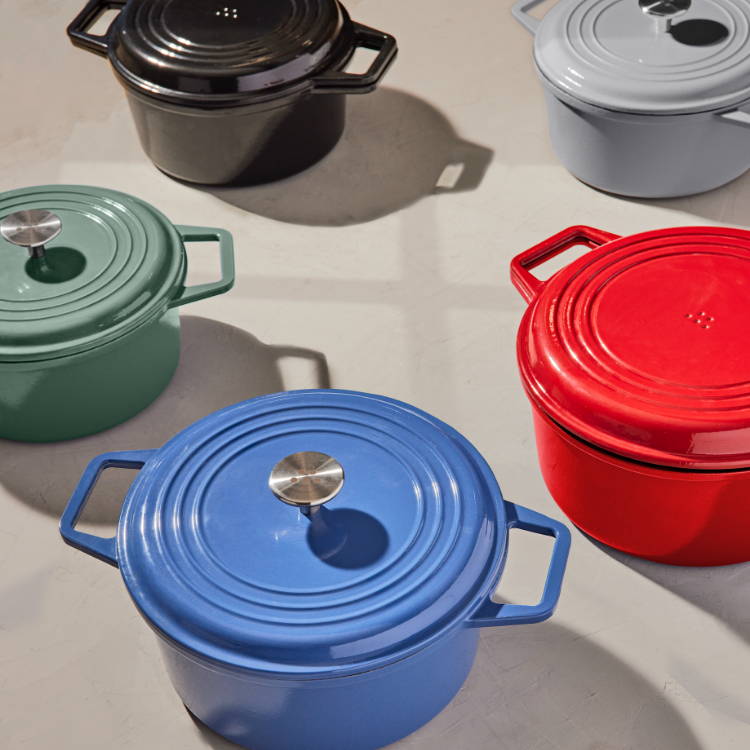 Covered Blue, Green, and Gray Misen Dutch Ovens with Traditional Lid, with Black and Red Misen Dutch Ovens with Grill Lid visible.