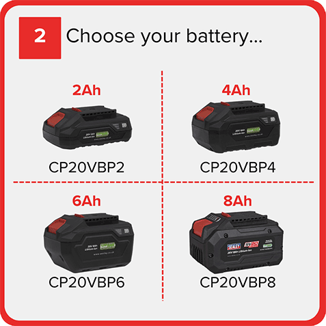 Choose your battery: options include 2Ah, 4Ah, 6Ah, and 8Ah.