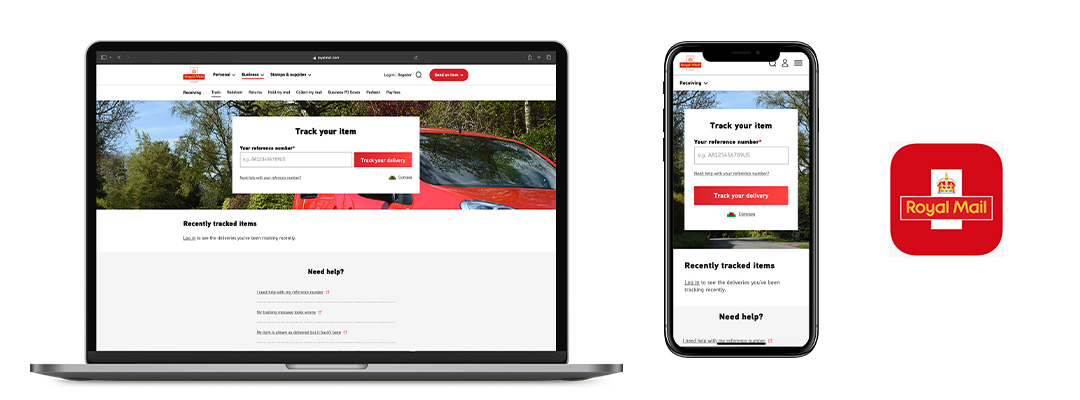 A picture of royal mail website on laptop and phone