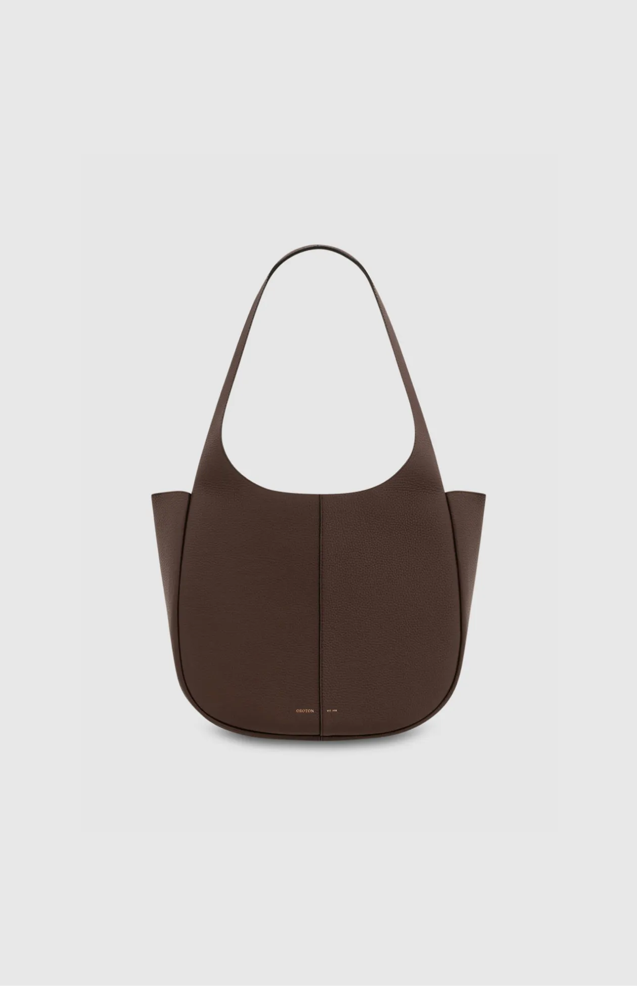 Brown tote bag with a curved handle and minimalistic design.