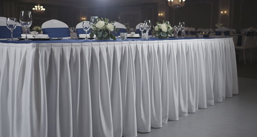 Wedding head table with white pleated skirt, navy blue runner, and navy chair sashes.