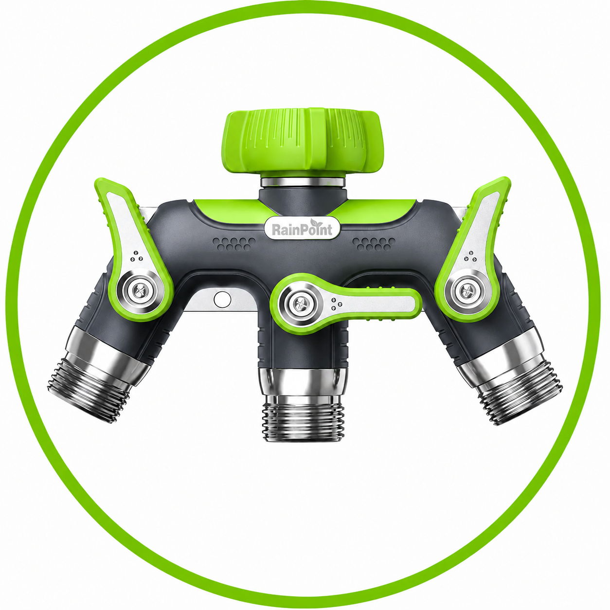 Dual outlet garden hose splitter with green and black design.