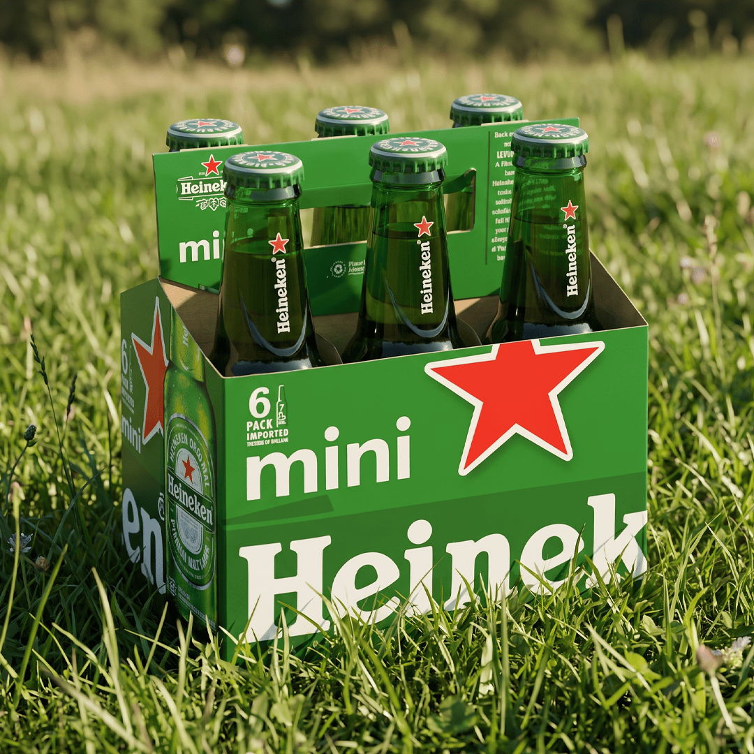 Six-pack of mini Heineken bottles on grass.
