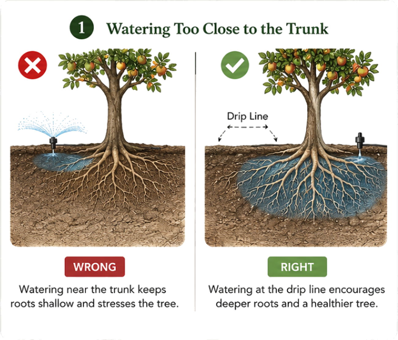 Illustration showing correct and incorrect tree watering techniques.