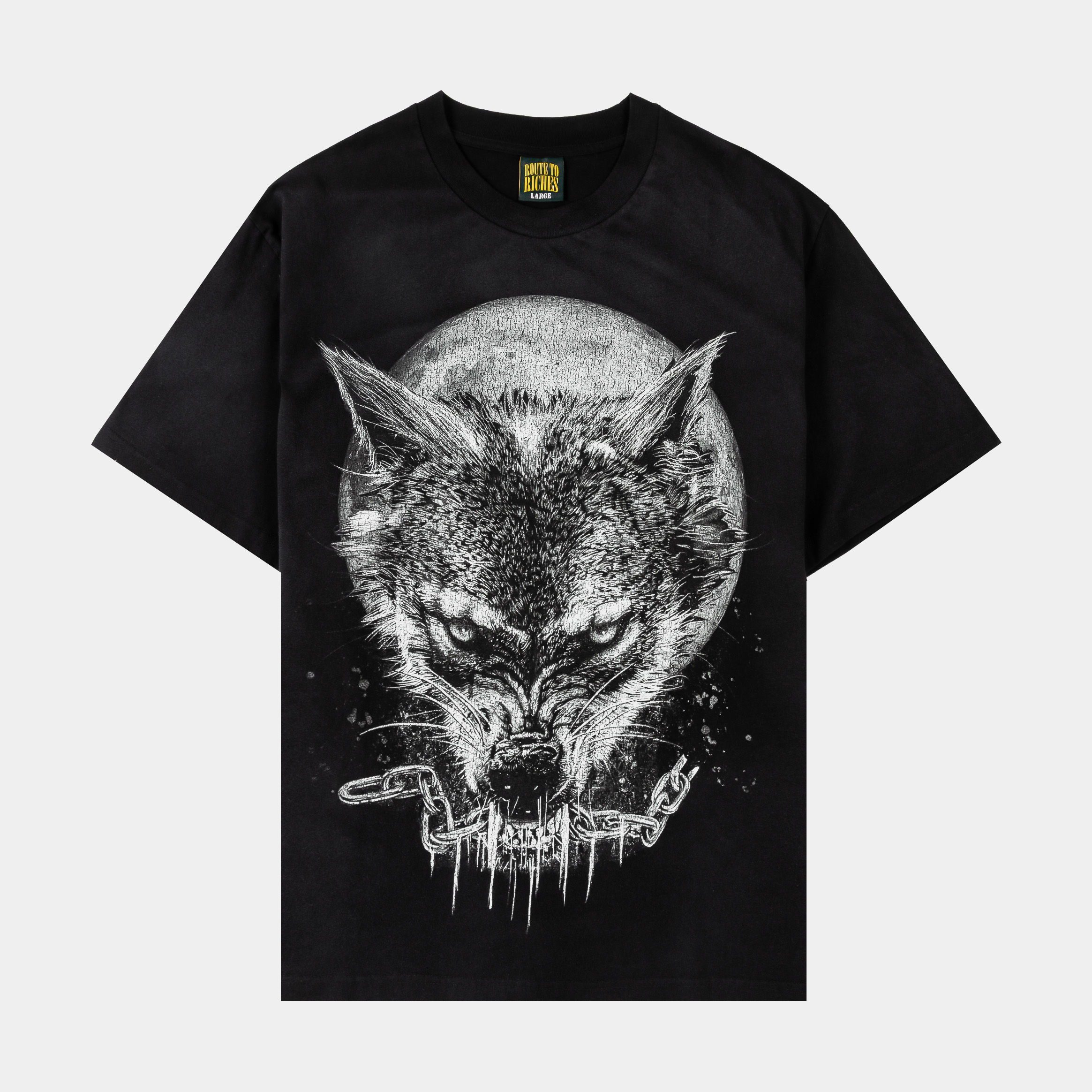 Black t-shirt featuring a graphic of a wolf and moon design.