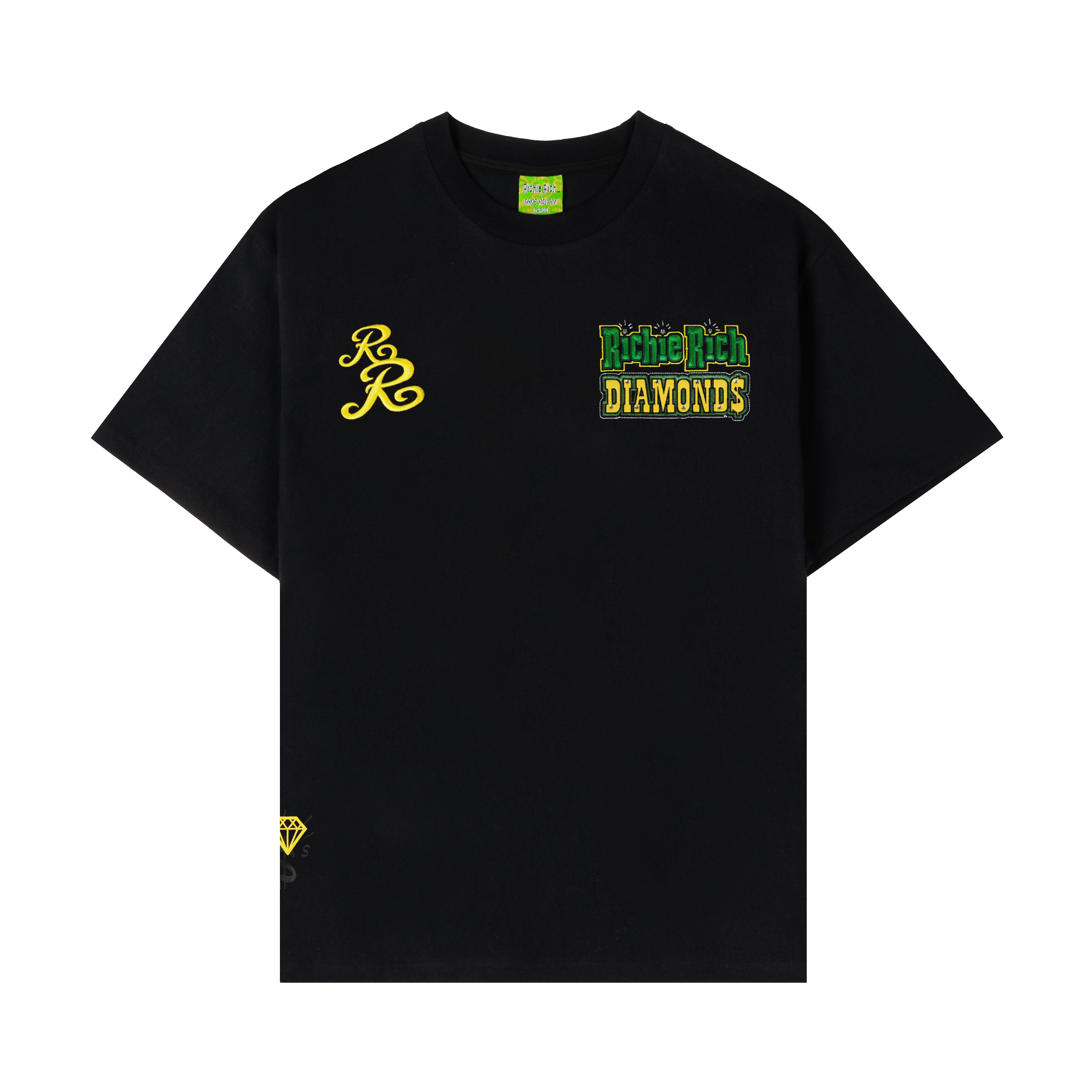Black t-shirt with colorful graphic designs on the front and side.