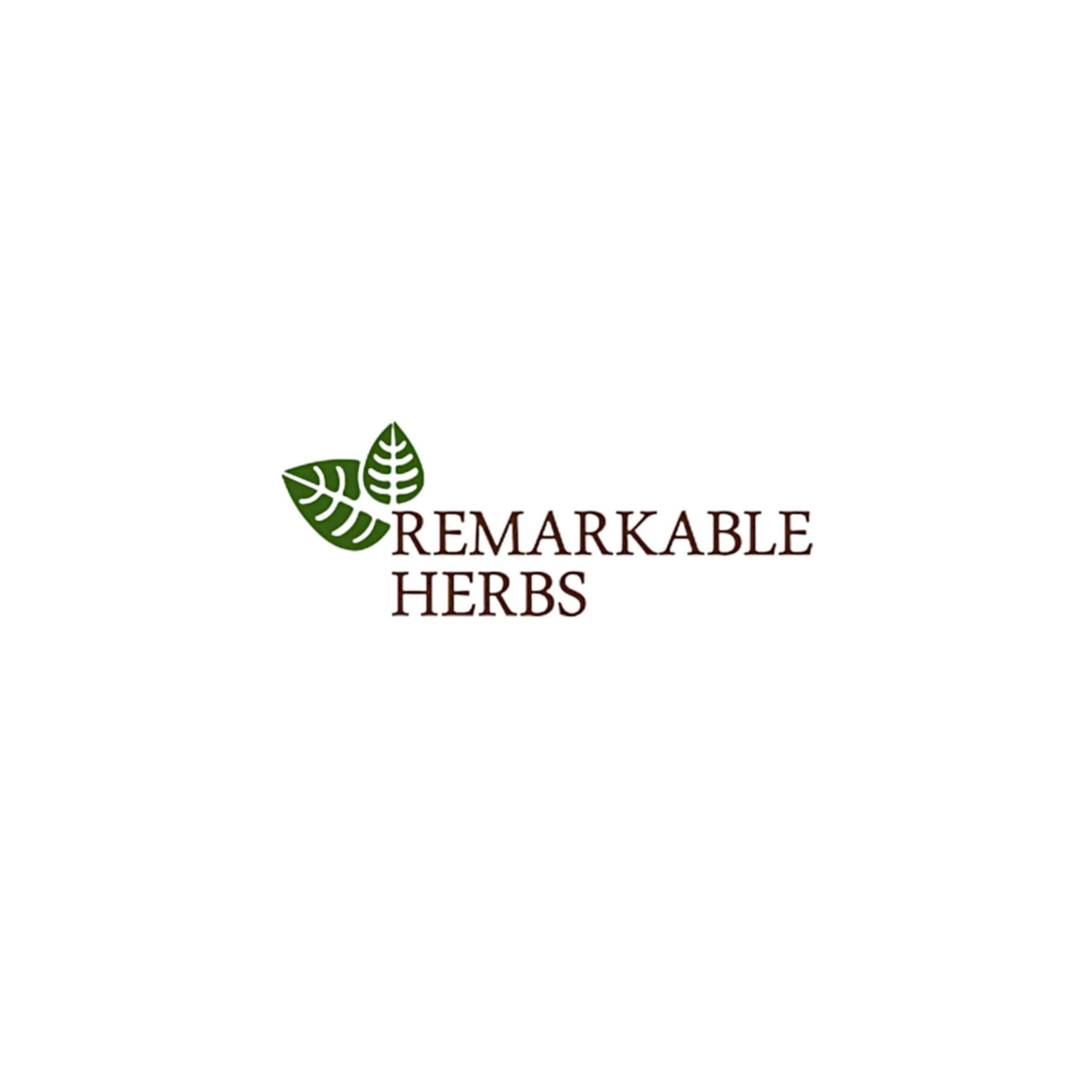 Logo of Remarkable Herbs with leaf illustrations.