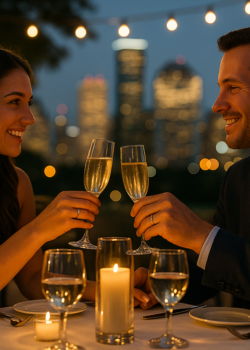 Engaged couple celebrating with champagne during a romantic dinner overlooking the city skyline.