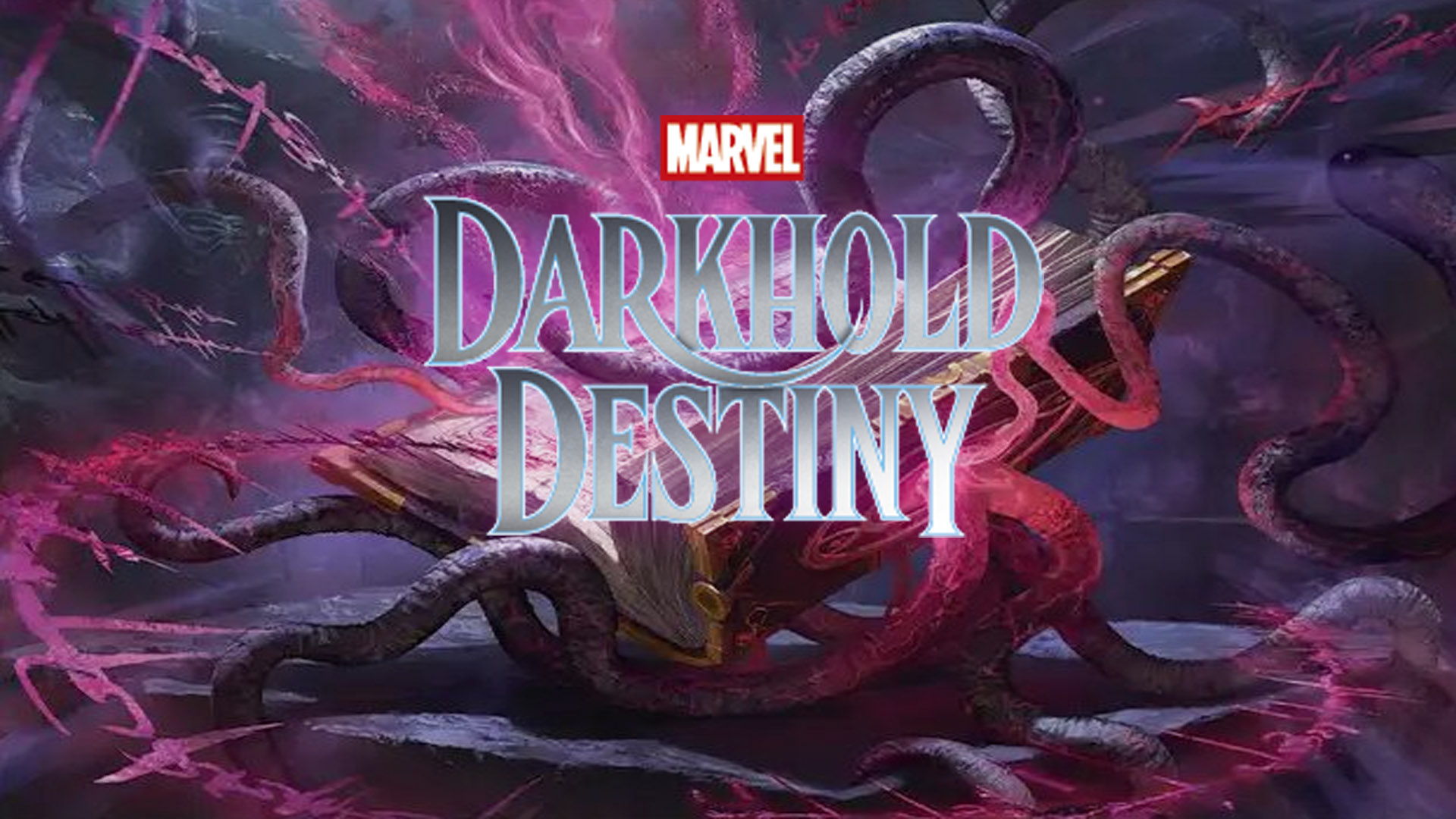 A thumbnail for the MTG/Marvel Darkhold Destiny announcement article, featuring the set logo and the Darkhold itself in the background.