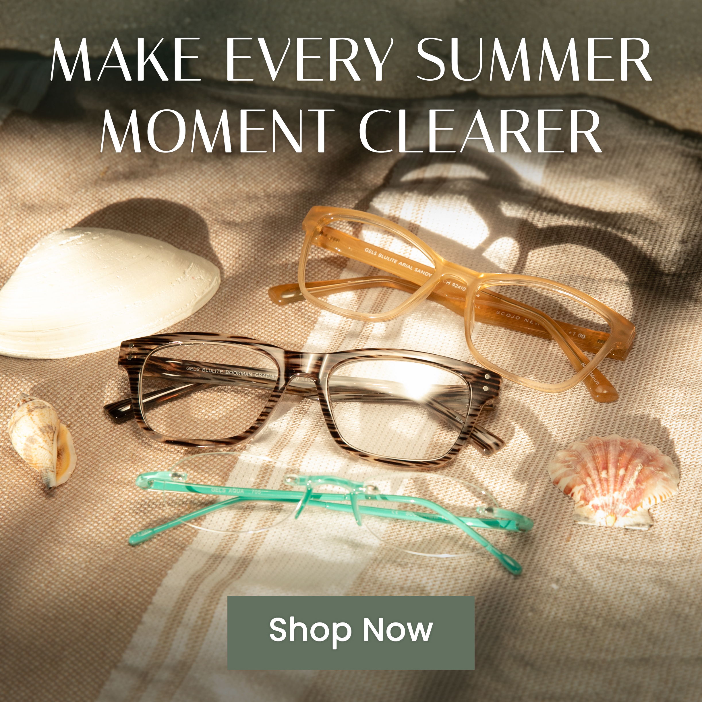 Sunglasses and accessories with summer-themed text and a call to action.