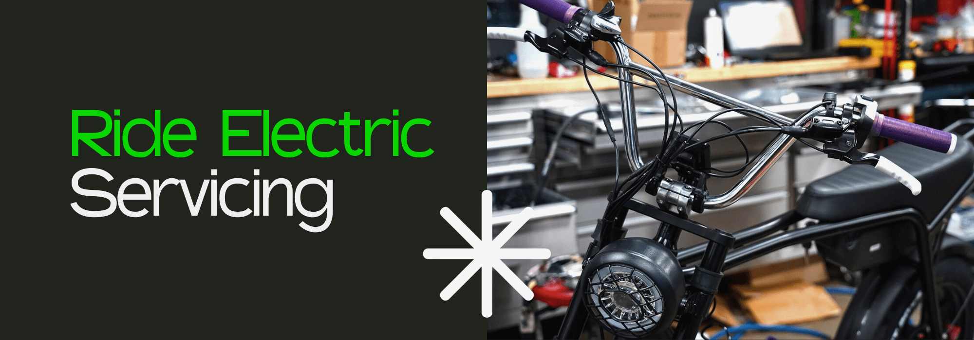 Text promoting electric bike servicing with a bike in the background.