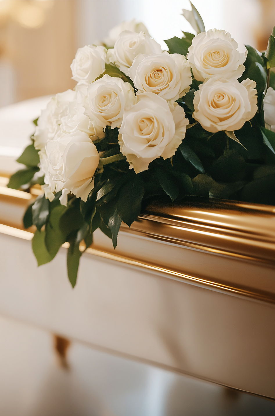 A bouquet of white roses on a golden casket