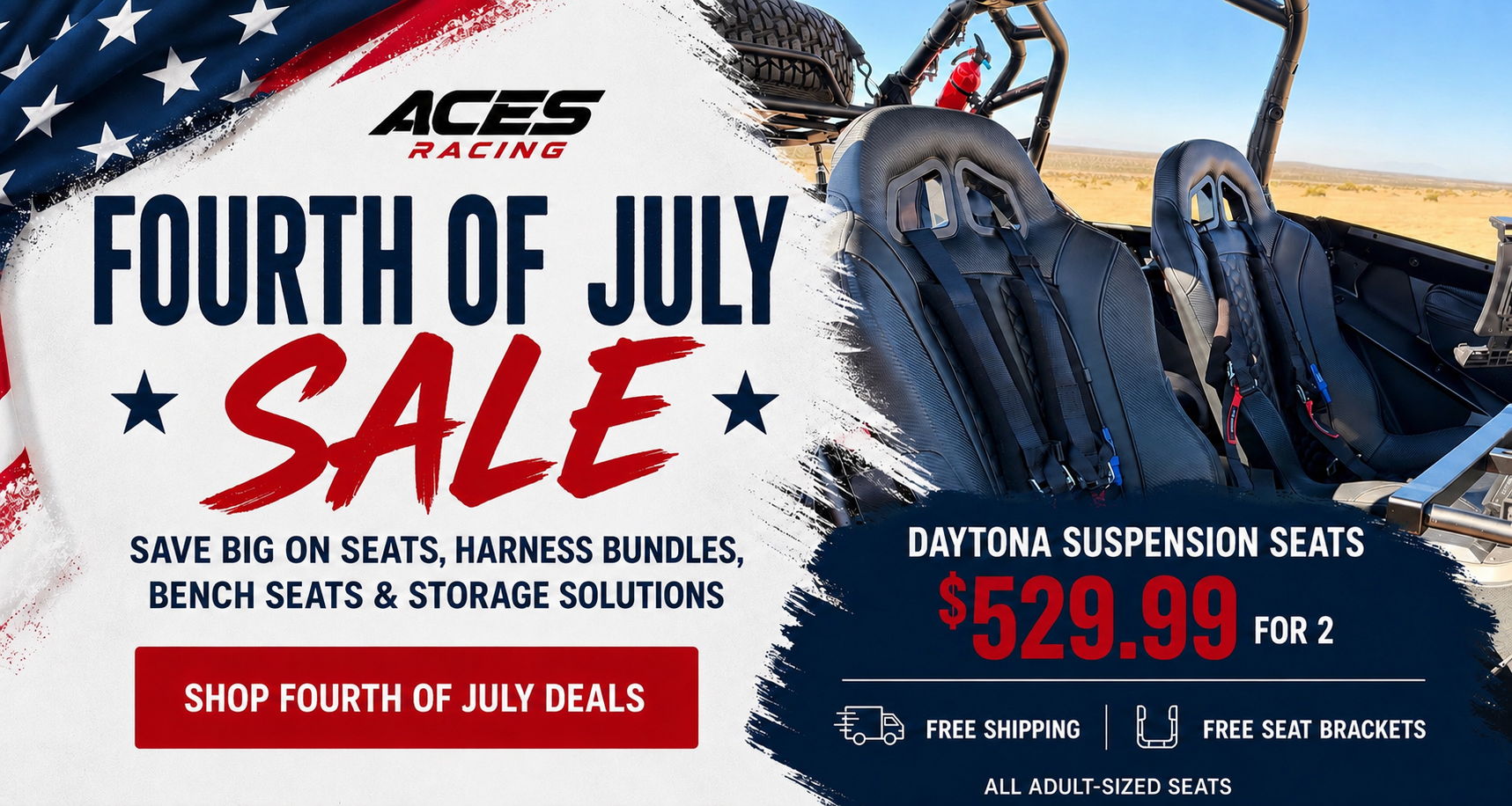 Fourth of July sale advertisement with racing seats and promotional pricing.