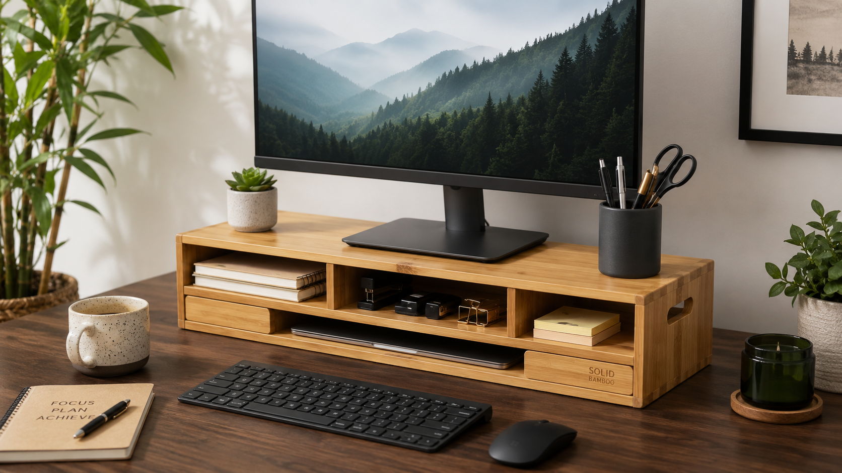 Wooden desk setup with a computer monitor, keyboard, and plants.