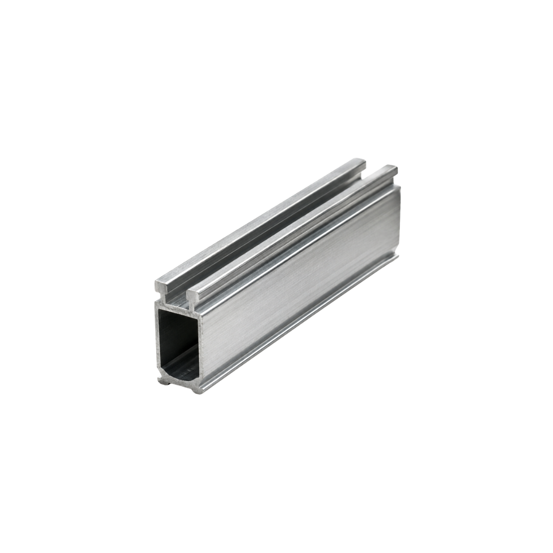 Aluminum rectangular extrusion profile with open ends and a smooth surface.