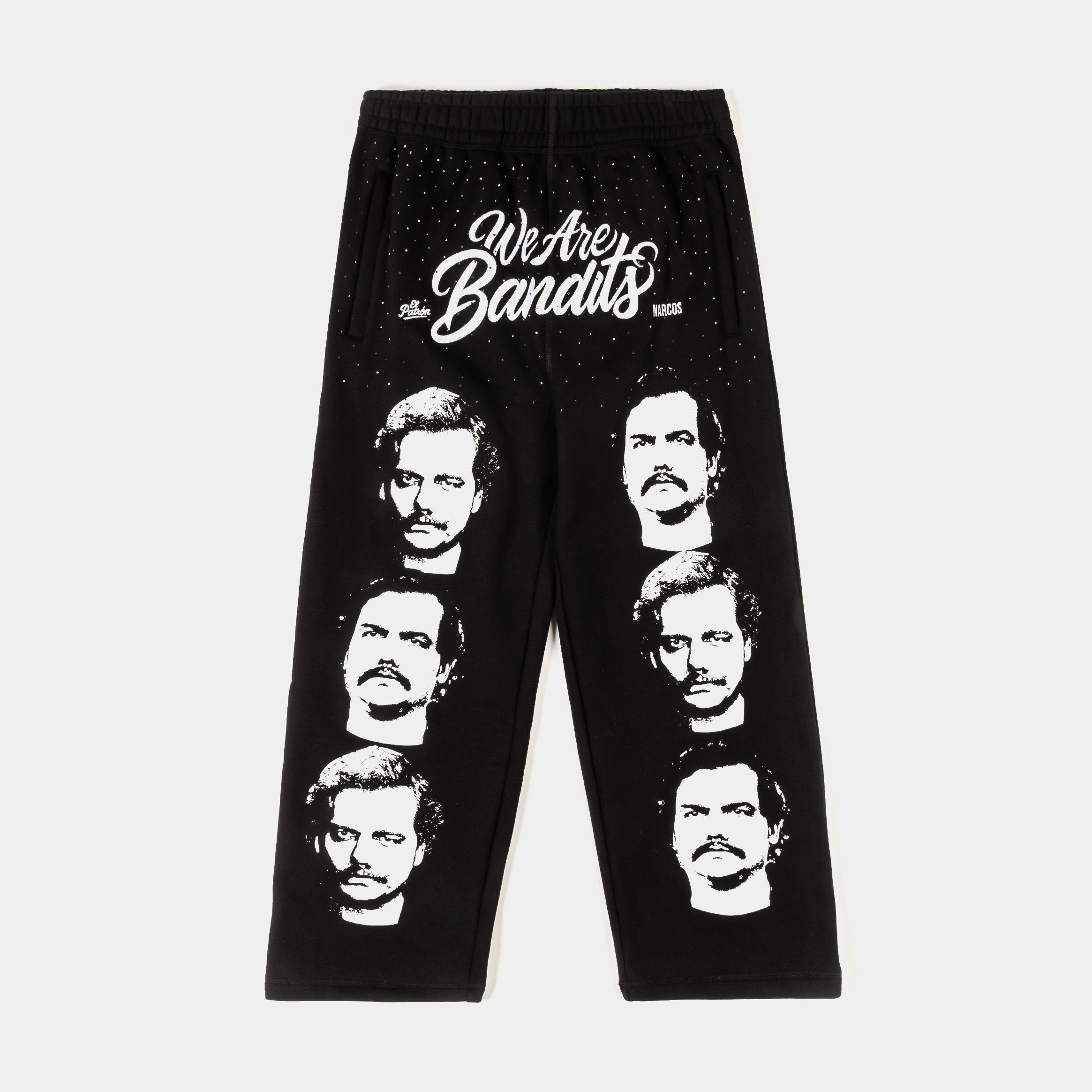 Black pants featuring multiple faces and 