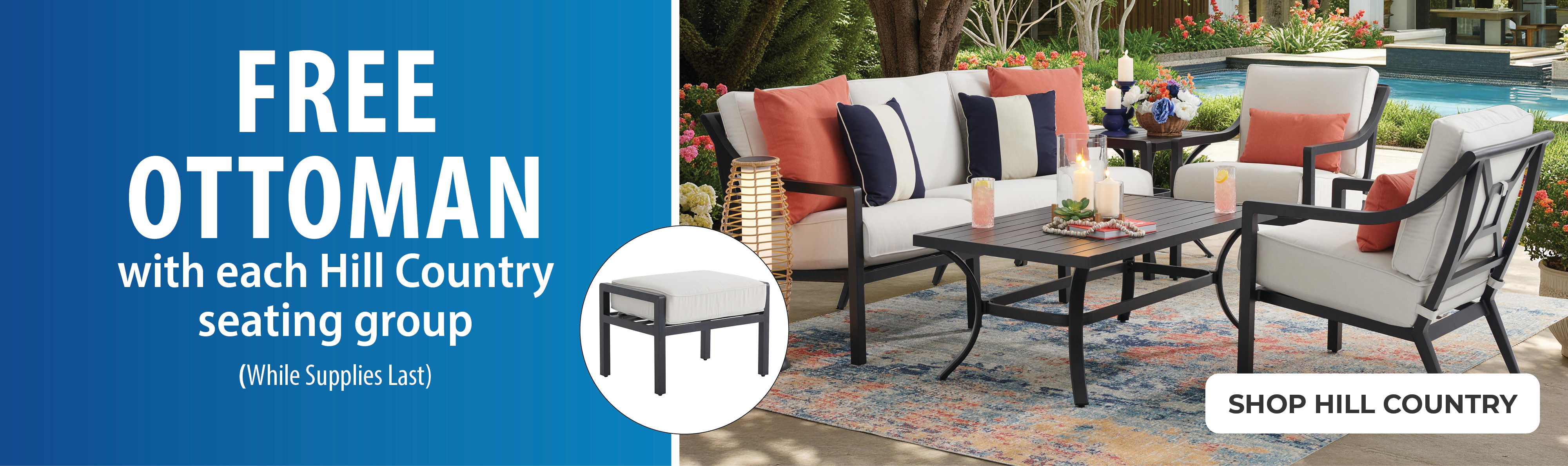 Promotional banner for outdoor seating group with free ottoman offer.