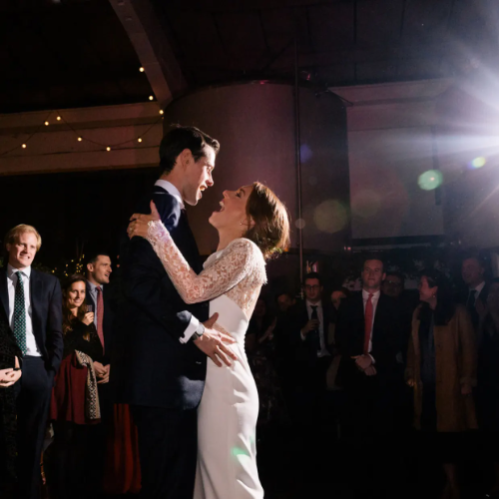 Bride and groom at a brewery wedding