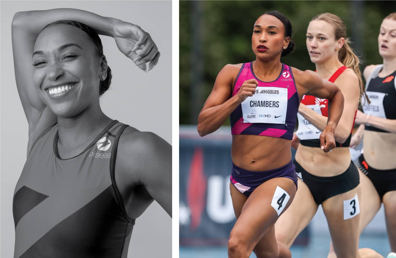 Left: Portrait of Kendra Coleman in a Oiselle uniform. Right: Kendra racing the 800 meters