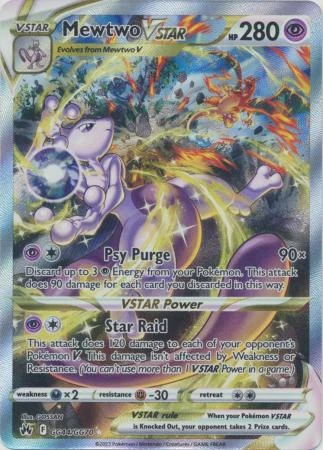 Mewtwo VSTAR Pokémon card with attacks and stats displayed.