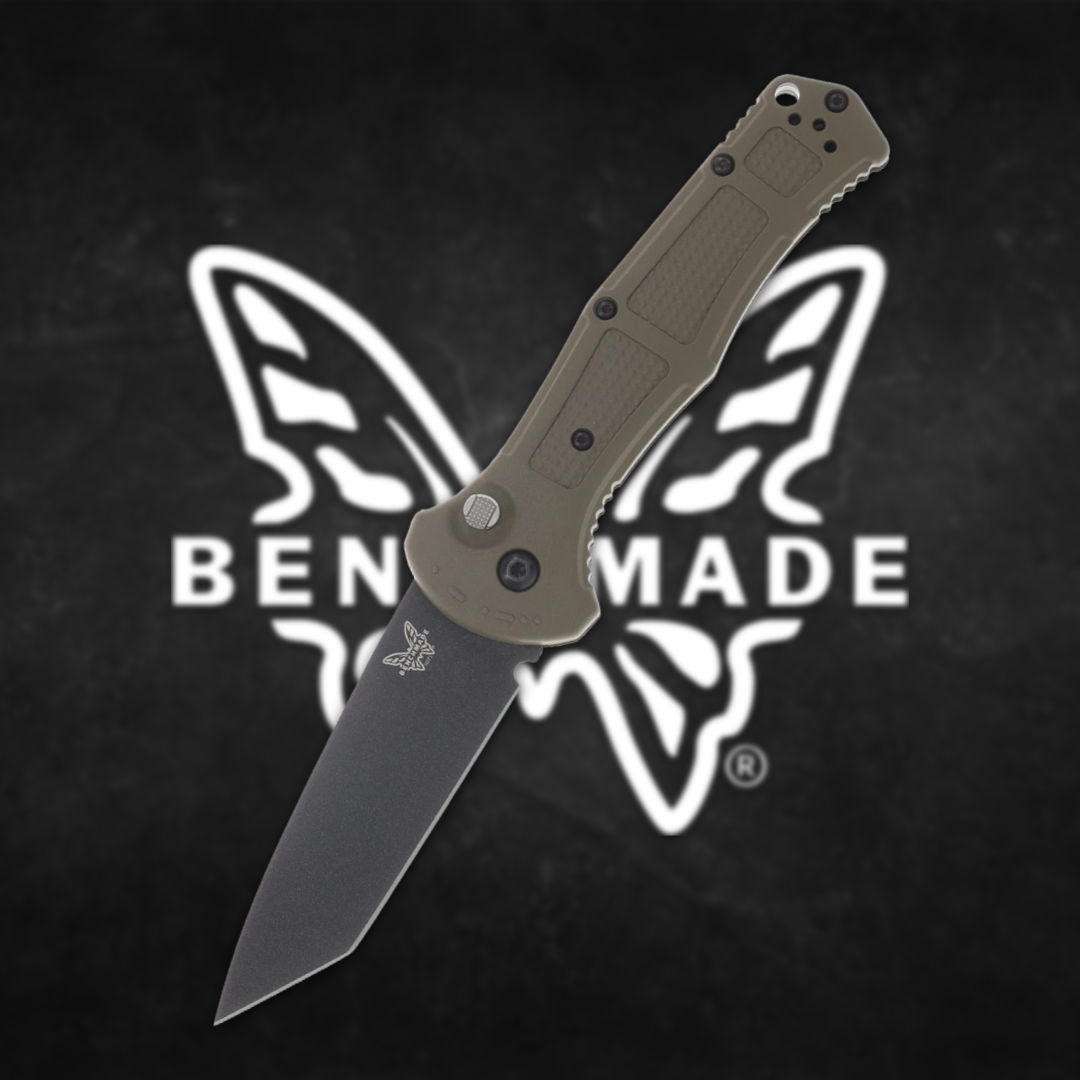 A folding knife with a black blade and tan handle on a logo background.