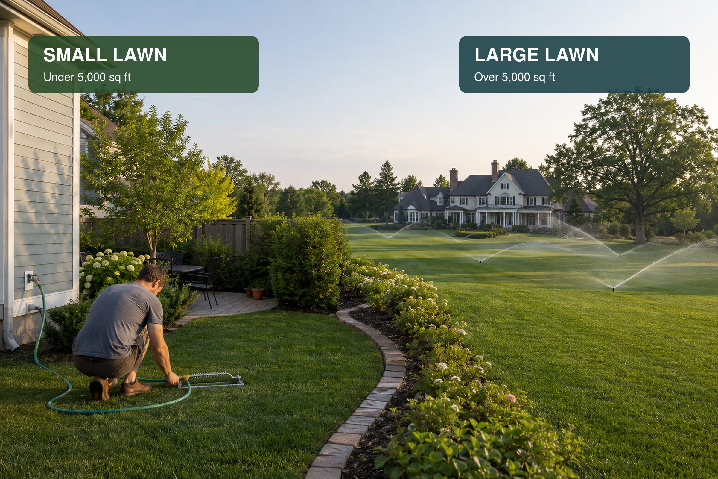 Person watering a lawn with two lawn size comparisons.