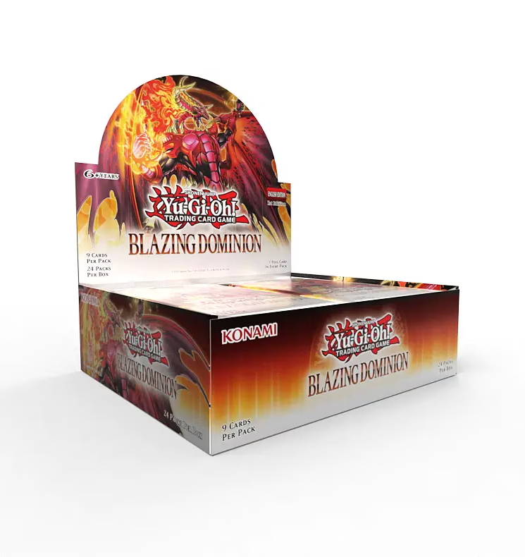 Display box for a trading card game featuring fiery graphics.