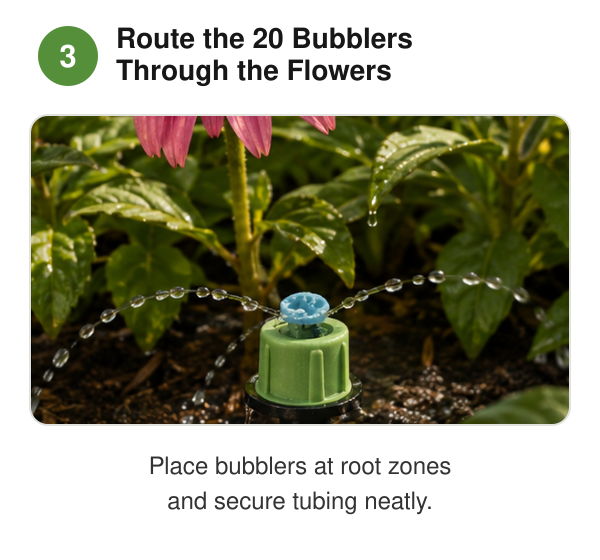 Bubblers being routed through flowers for efficient watering.