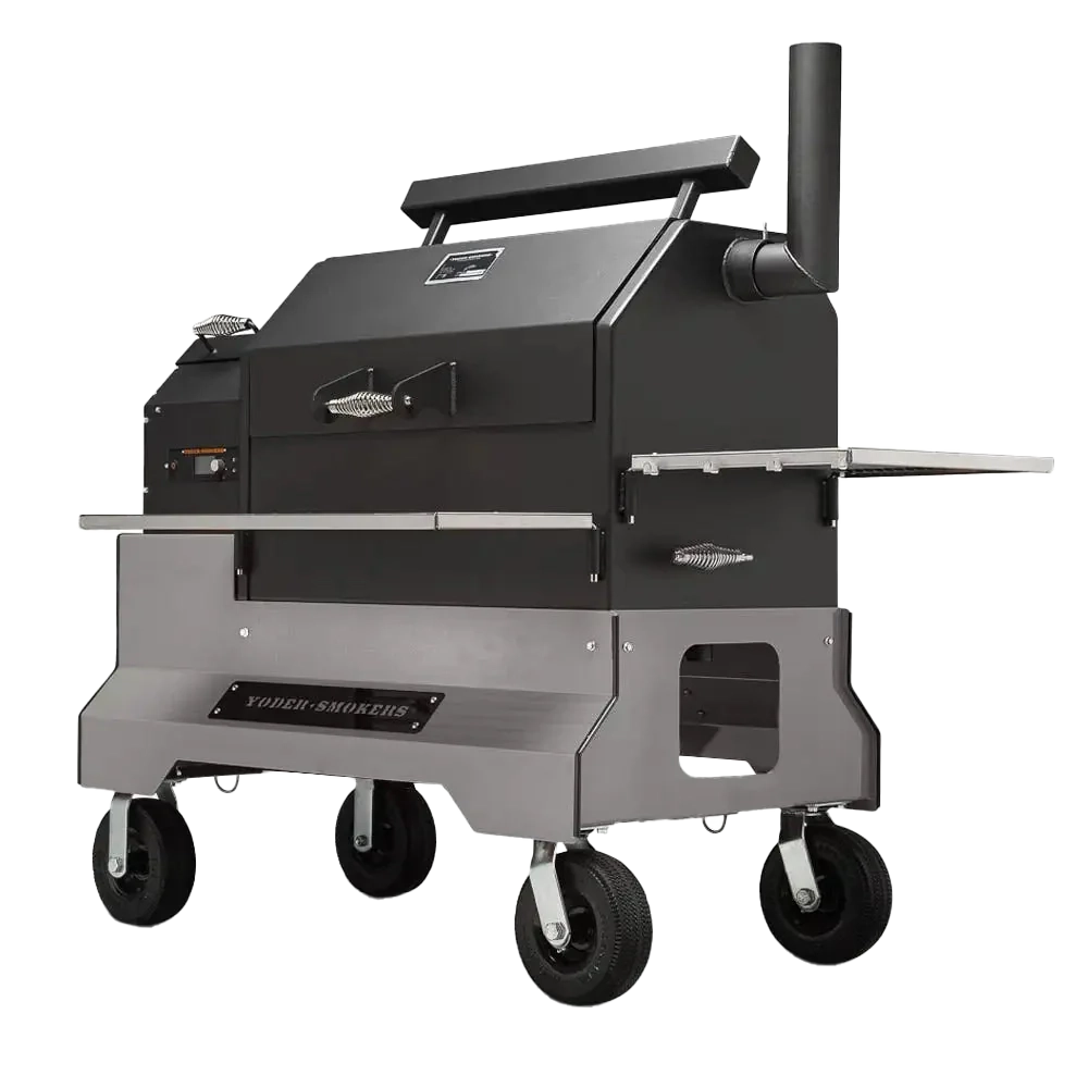 A portable charcoal grill on wheels with a side shelf.