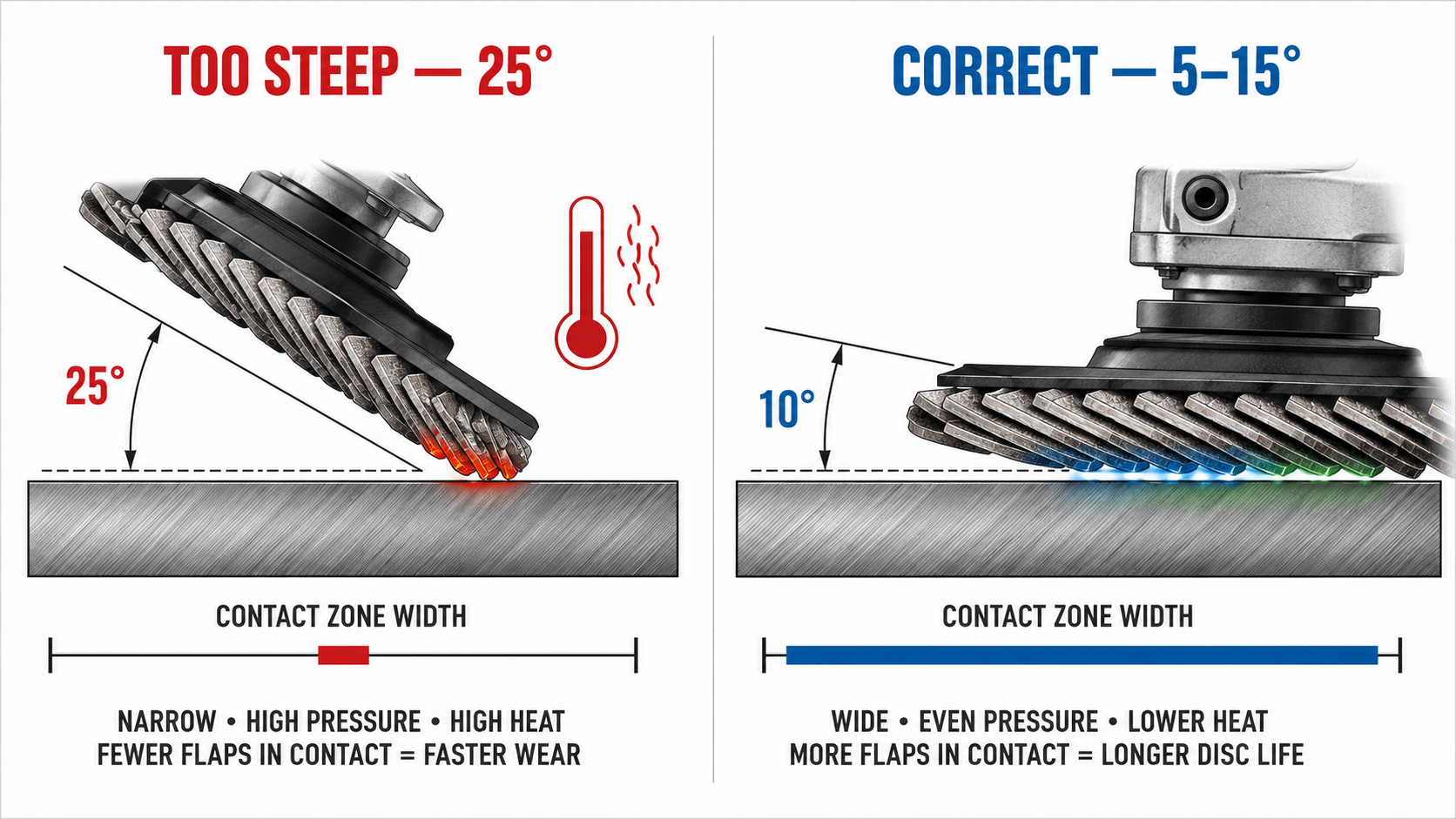 Diagram comparing steep and shallow flap disc contact angles on stainless steel