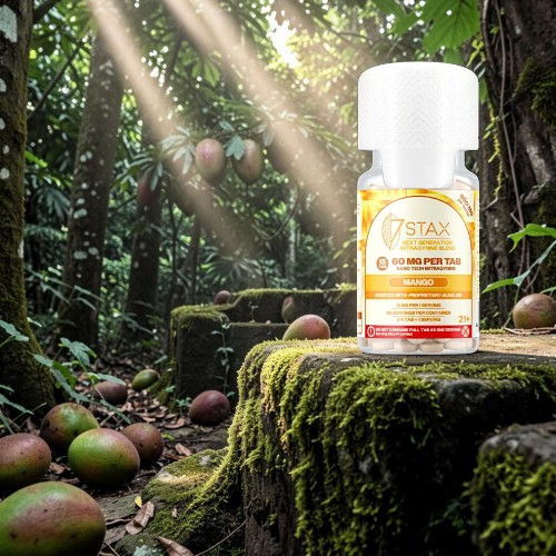 A serum bottle in a lush forest with sunlight and tropical fruits.
