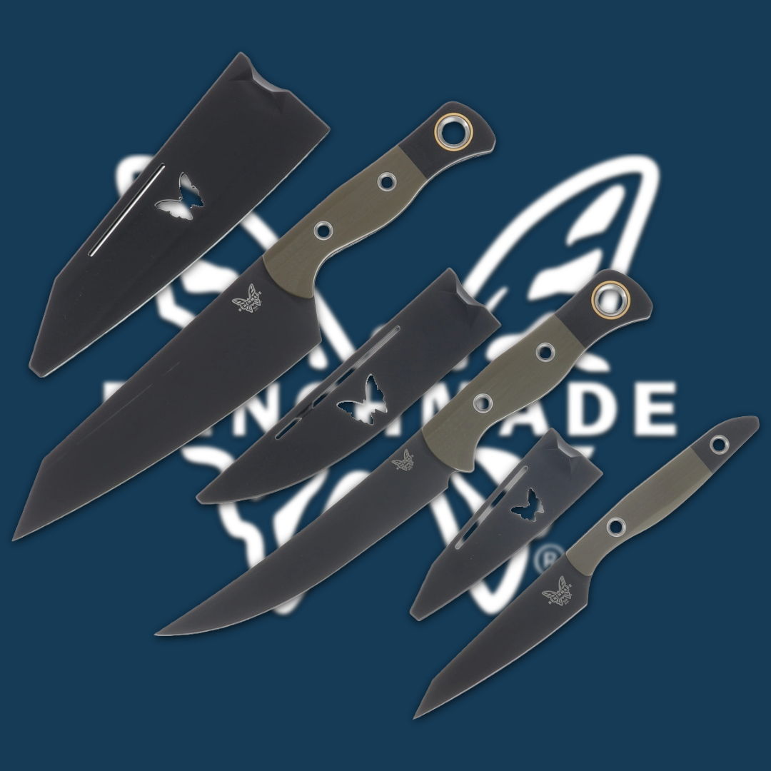 A collection of knives on a blue background with a logo.